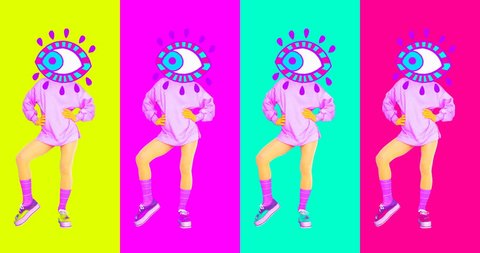 Contemporary animation art. Dancing girl Eyes. Fashion colorful vibes