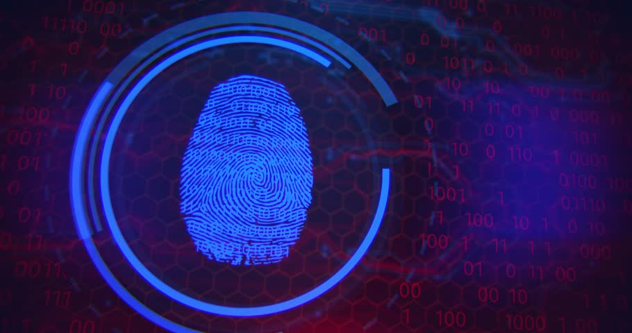 Access control. Fingerprint security. Cybersecurity and information technology. Blue, red background with digital integrated network technology. Printed circuit board. Technology background.  Royalty-Free Stock Footage #1017157435