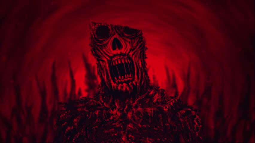 Scary evil demon in hellish landscape. Animation in horror genre. Motion graphics with dead zombie character. Creepy animated video clip nightmares for Halloween. Bloody movie with spooky skull face.  Royalty-Free Stock Footage #1017157720