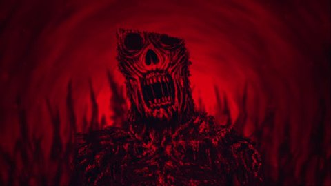 Scary evil demon in hellish landscape. Animation in horror genre. Motion graphics with dead zombie character. Creepy animated video clip nightmares for Halloween. Bloody movie with spooky skull face. 
