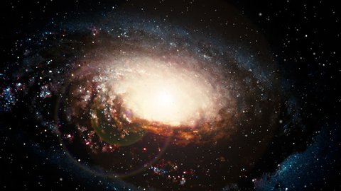 Travel to black eye galaxy rotating in outer space, bright flare light at center. Contains public domain image by NASA/ESA