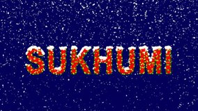 New Year text capital name SUKHUMI. Snow falls. Christmas mood, looped video. Alpha channel Premultiplied - Matted with deep blue RGB(04:00:5B)