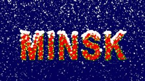 New Year text capital name MINSK. Snow falls. Christmas mood, looped video. Alpha channel Premultiplied - Matted with deep blue RGB(04:00:5B)