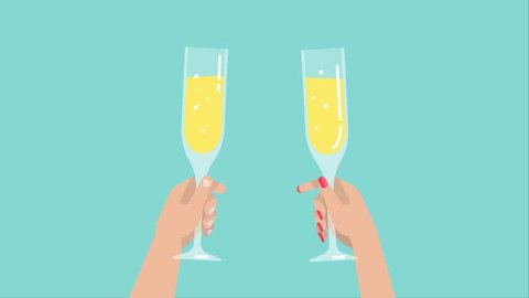 Romantic couple are holding wine glasses. A man and a woman cheers to clinking and drinking sparkling wine. Holiday party concept, celebration and congratulation. Motion graphic with flat illustration