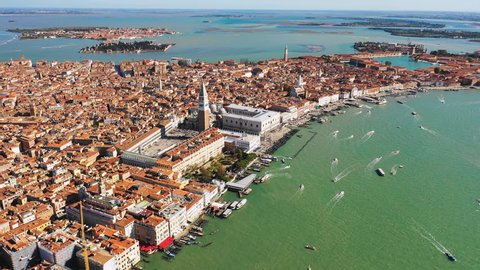 Venice: Aerial view of St Mark's Square in old Venice - landscape panorama of Italy from above, Europe, 4k UHD