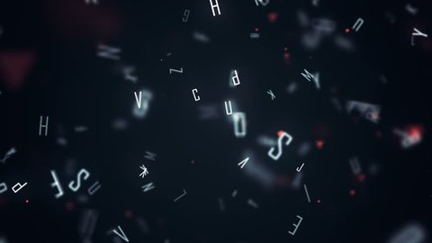 Abstract background animation with flying letters. Motion design with bokeh effect. 3d rendering