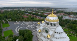 Aerial panoramic view of the Naval Cathedral of St Nicholas the Wonderworker in Kronstadt, Russia.