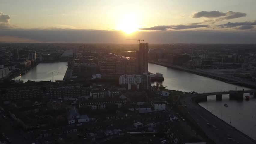 Dublin Docks at sunset drone aerial footage