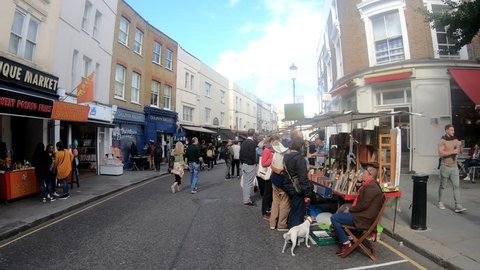 LONDON- SEPTEMBER, 2018: Hyper lapse of Portobello Road market, a landmark street in Notting Hill are of West London famous for its market and fashionable shops
