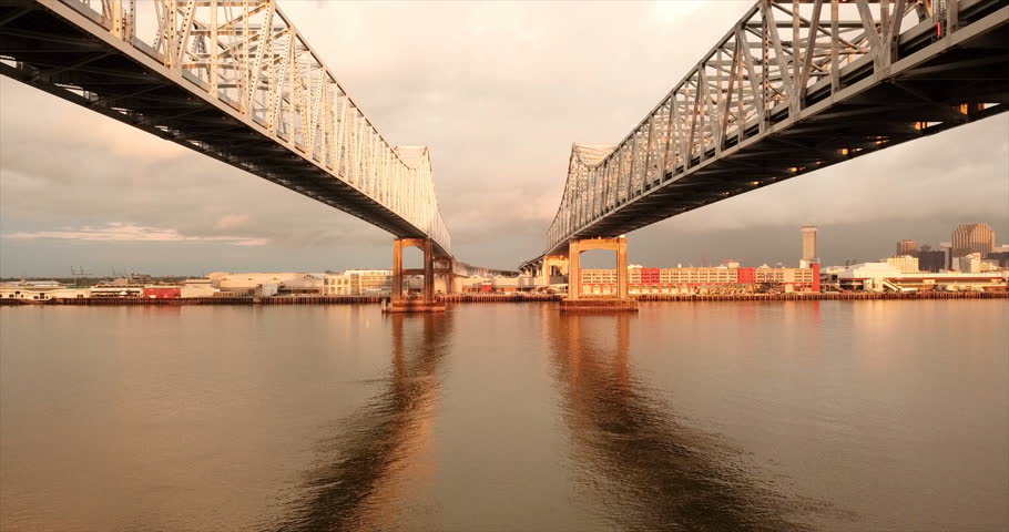 Mississippi River Bridge Deck Pan Over New Orleans Downtown Skyline