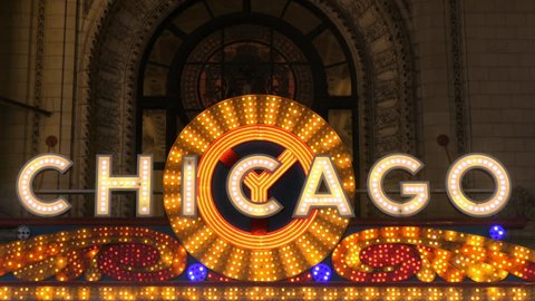 CHICAGO - SEPT 30, 2018: Chicago Theater famous illuminated marquee sign taken on September 30, 2018. 