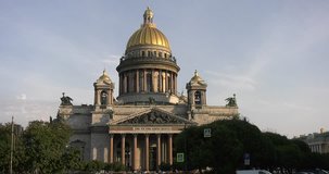 4K high quality video of beautiful vintage architecture of Saint Petersburg city center, majestic Saint Isaac's Cathedral - Isaakievskiy Sobor at Neva River embankment of the Russia's northern capital