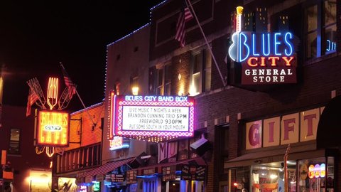 BEALE STREET MEMPHIS, TENNESSEE - CIRCA 2018: Blues clubs Neon signs night