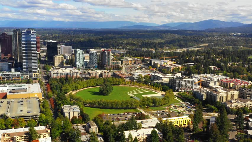 Aerial Bellevue Downtown Park orbit tracking shot 4k