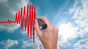 Businessman hand drawing chart heartbeat - Man Hand writing with marker on sky time lapse. Health concept. Heart in the clouds. Heart Beat in shape of heart. 4k - Powered by Shutterstock - Get 15% off with code: PIKWIZARD15