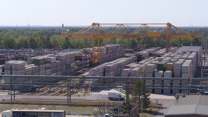 BASF factory Drone overview industry truck container city wagon sunny bright clear sky