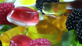 1920x1080 25 Fps. Very Nice Sugar Color Chewy Gelatin Candy Rotating on Table Video.