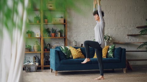 Slender young woman is concentrated on balancing exercises during personal training at home standing on floor on one leg. Well-being and sports concept.