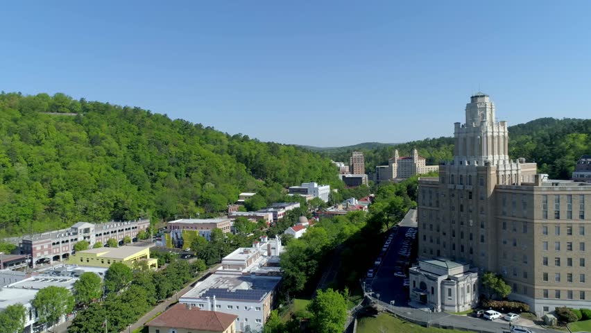 Drone Shot of Hot Springs, Arkansas, Large Building and Hills