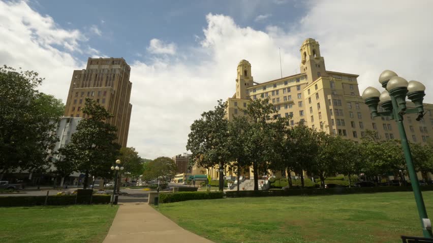Historic Buildings and Trees in Downtown Midwestern City, Slow Motion