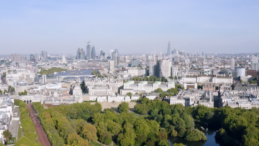 New London Skyline Aerial View one of the Most Beautiful Cities in the World with Iconic Landmarks. Famous Westminster Buildings around Touristic Central District, England UK | Shutterstock HD Video #1017248782