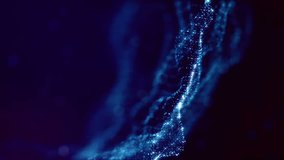 3d render loop sci-fi animation with glow particles form rolling structures. Seamless footage as dark blue digital abstract background with particles, depth of field, bokeh. Motion graphics 4