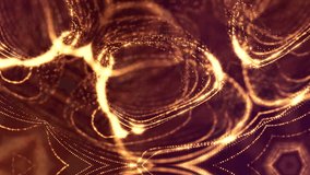 3d render of loop sci-fi animation with glow particles form rolling rings structures. Seamless footage as dark golden digital abstract background with particles, depth of field, bokeh. Motion graphics