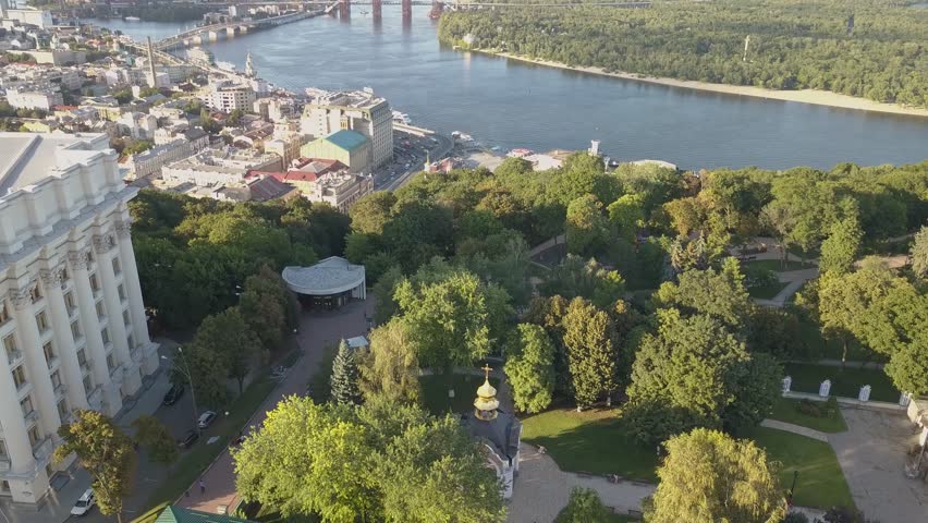 Aerial view to Saint Michael Golden Domed Cathedral in the center of Kyiv. It is a functioning monastery in Kiev, the capital of Ukraine