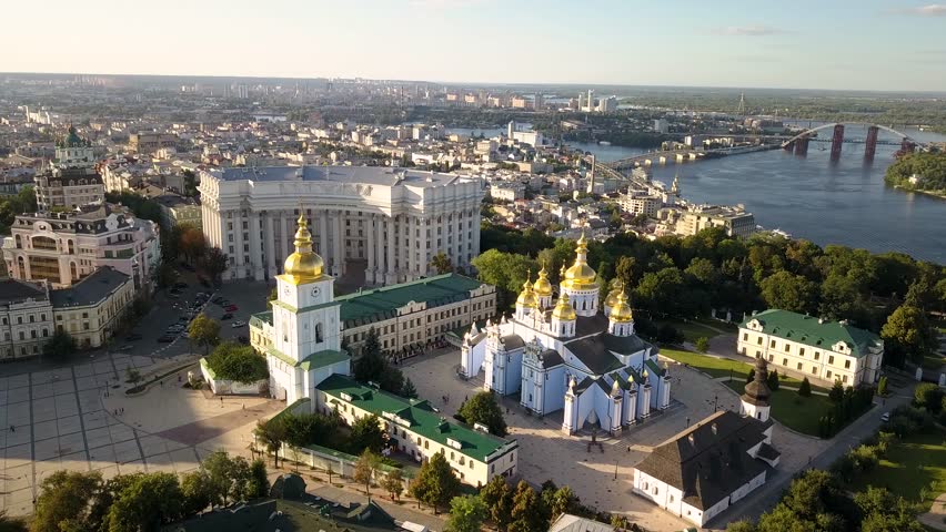 Aerial view to Saint Michael Golden Domed Cathedral in the center of Kyiv. It is a functioning monastery in Kiev, the capital of Ukraine