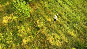 Aerial View of Man Walking through mown meadow grass and spinning around. with young pine trees all around. 4k UltraHD footage