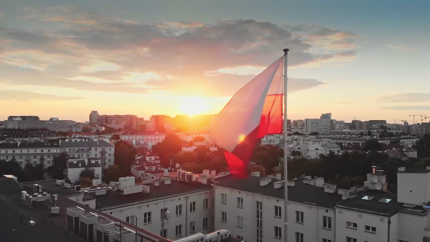 Red and white Polish flag and the Warsaw city Royalty-Free Stock Footage #1017266248