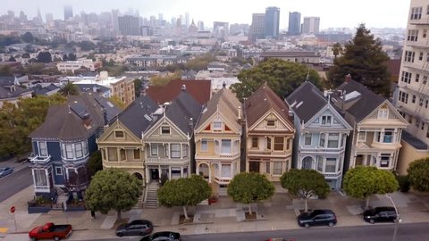 Aerial view of the seven sisters houses in San Francisco called Painted Ladies
