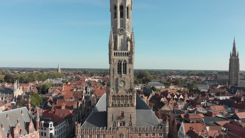 Aerial view of Belfry of Bruges, in Dutch Belfort van Brugge, a medieval bell tower in the centre of Bruges Belgium and one of the citys most prominent symbols.