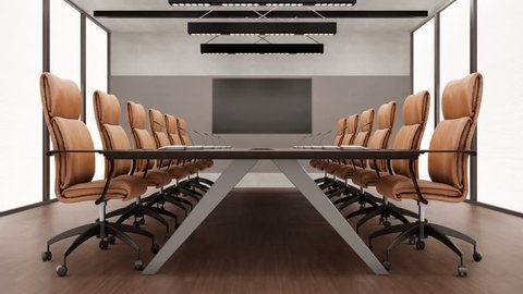 Modern Meeting Room, Dark Wood Table, Brown Leather Chairs. 3d cgi 60 FPS Animation