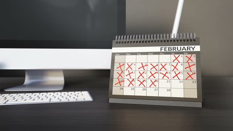 Ticking off dates and months on desk year calendar. Counting down days, flipping pages. Achieving targets goals. Camera fixed, 60fps 4K animation