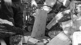 man chopping wood with an axe on an autumn day, black and white video