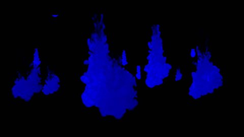 3d render of Many Blue inky injections into water on black background with luma matte. Blue ink on white background 2