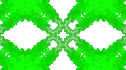3d render of Green inky injections into water on black background with luma matte. Kaleidoscope effect. Rorschach inkblot test 2