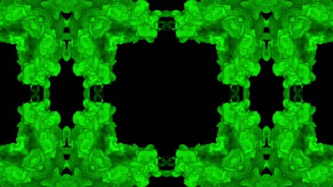 3d render of Green inky injections into water on black background with luma matte. Kaleidoscope effect. Rorschach inkblot test 1