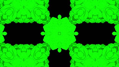 3d render of Green inky injections into water on black background with luma matte. Kaleidoscope effect. Rorschach inkblot test 3