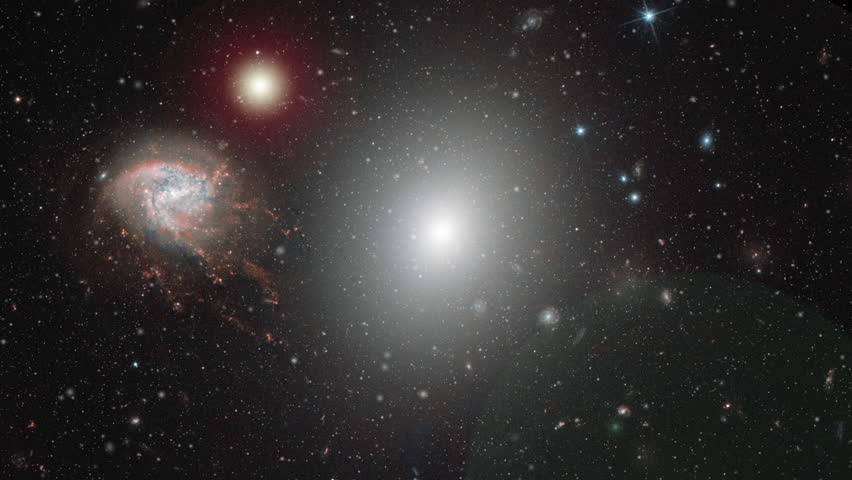 Coma cluster, large galaxies cluster in outer space rotating on star field moving flare light. Contains public domain image by NASA/ESA Royalty-Free Stock Footage #1017290974