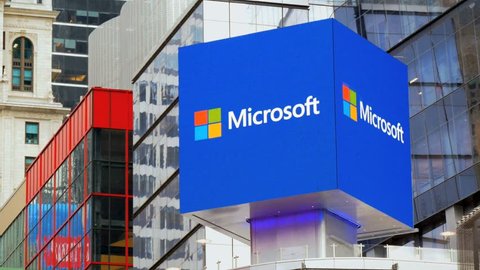 NEW YORK - MAY 29: Microsoft high tech illuminated billboard advertising on May 29, 2015. Microsoft is the world's largest software maker by revenues and is one of the world's most valuable companies.