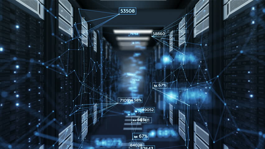 Beautiful Blue Abstract Numbers Moving in Abstract Server Room with DOF Blur. Looped 3d Animation of Datacenter. Business and Futuristic Technology Concept. 4k Ultra HD 3840x2160.