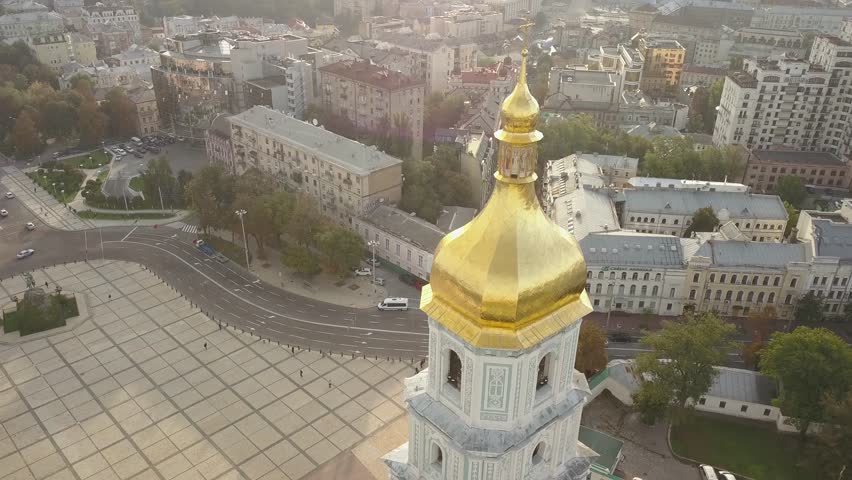 Aerial view to famous orthodox St. Sofia Cathedral at sunny summer day at early morning in Kyiv, Ukraine