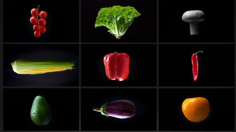 Montage of spinning wet diverse vegetables, on a white background, collage.