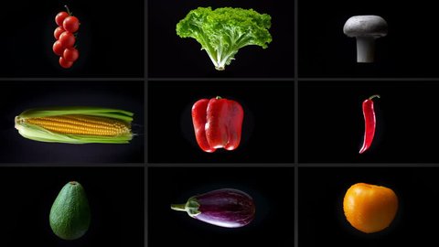 Zoom out montage of spinning wet diverse vegetables, on a white background, collage