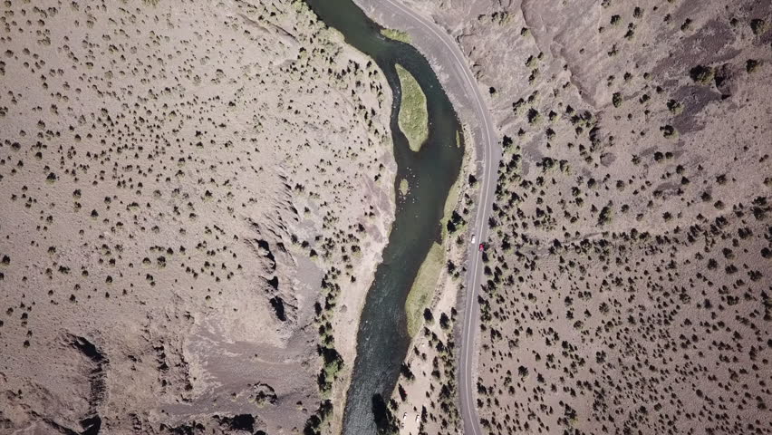 Birds eye view while in Flight in the high desert of central Oregon over premier flyfishing trout stream in the crooked river canyon