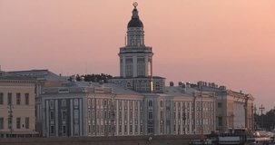 4K high quality video of sunrise in Saint Petersburg, beautiful vintage architecture in city center, majestic palaces, bridges and cathedrals at Neva River embankment of the Russia's northern capital