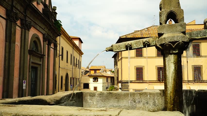 Details of the Grande Fontana in stone with lion-shaped decorations, in a public square in Viterbo