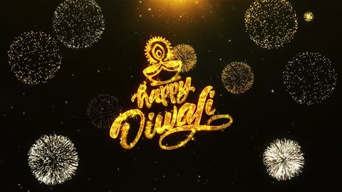 Happy Diwali Dipawali Text Greeting, Wishes with Golden Shining Glitter Star Dust Sparks Blinking Particles Fireworks display on Black Night Background. celebration, greeting card, invitation card. 23